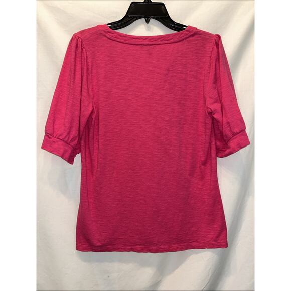Talbots Small Pink Slub Knit Split Neck Puff Sleeve Tee Top Athleisure - Picture 9 of 12